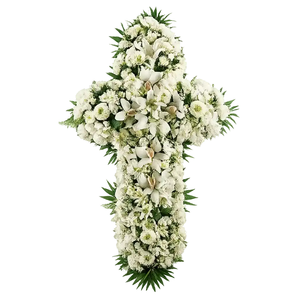 Cruz de flores blancas para funeral en Pamplona – elegante arreglo floral para homenajes